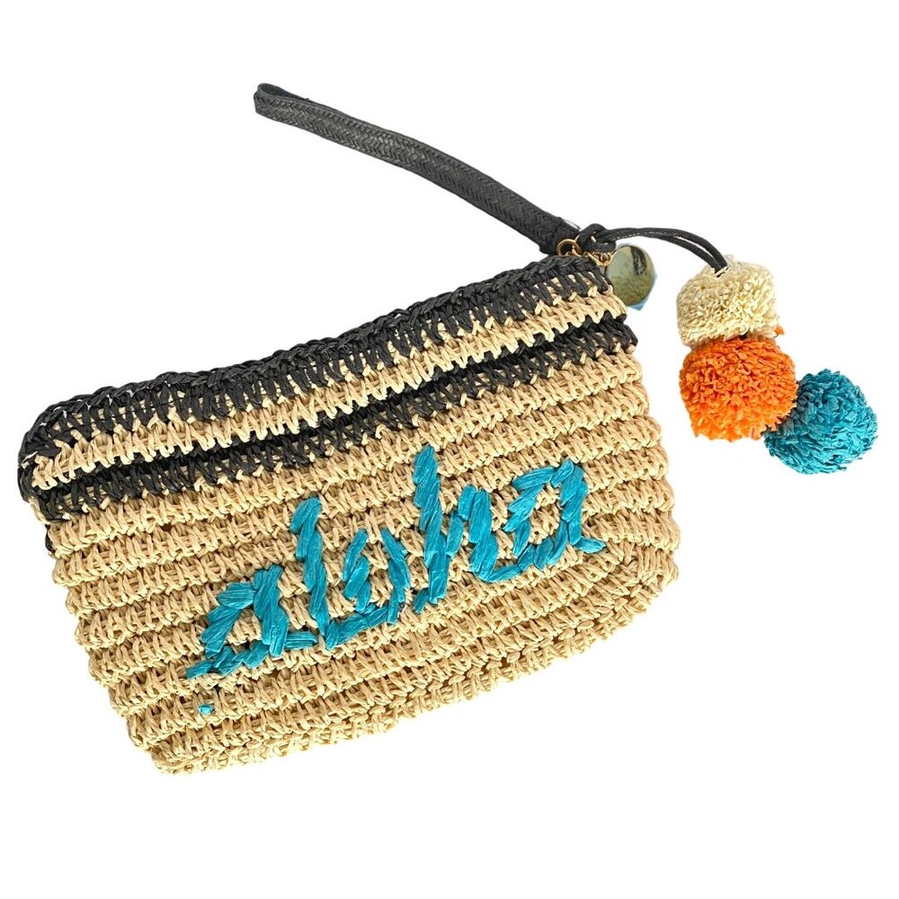 Made with ALOHA Cream Cornhusk Zipper Clutch Handbag Purse Wristlet Pom Poms